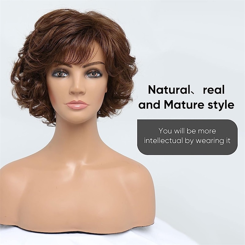 Short Curly Dark Brown Wigs for Old Lady Layered Curly Wig with Bangs Wavy Brown Wig with Dark Roots Natural Synthetic Hair for Carnival Party2