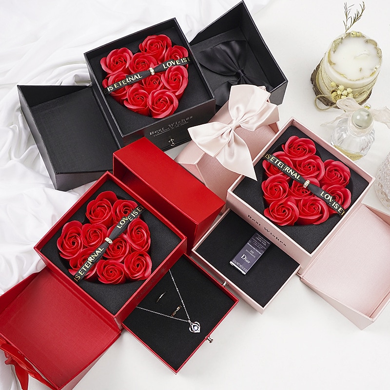 Women's Day Gifts Valentine's Day Eternal Flower Jewelry Box Double-layer Rose Gift Box Lipstick Necklace Ring Earring Jewelry Box Valentine's Day Gift Box Mother's Day Gifts for MoM