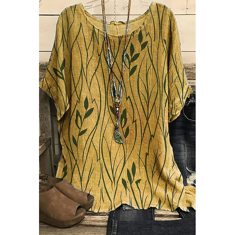 Women's Shirt Boho Shirt Blouse Fashion Print Short Sleeve Regular Tops Round Neck Casual Holiday Yellow Pink Blue Green Summer2