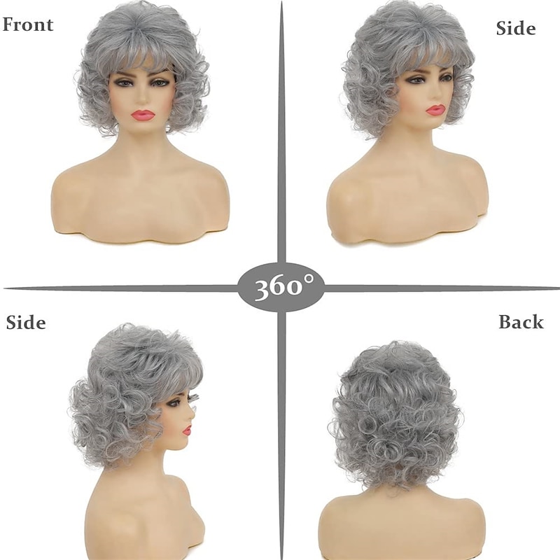 Short Grey Curly Women Wigs with Bangs Natural Synthetic Hair Layered Old Ladies Heat Resistant Daily Cosplay Full Wigs2