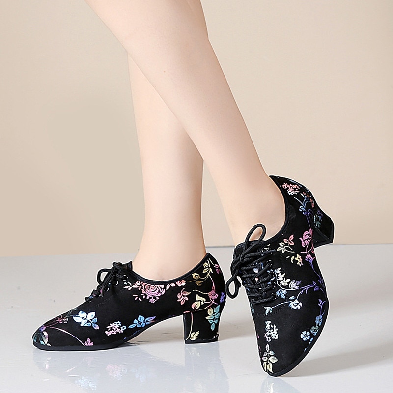 Women's Floral Embroidered Breathable Mesh Lace-Up Dance Shoes with Low Block Heel – Perfect for Ballroom and Latin Dance2