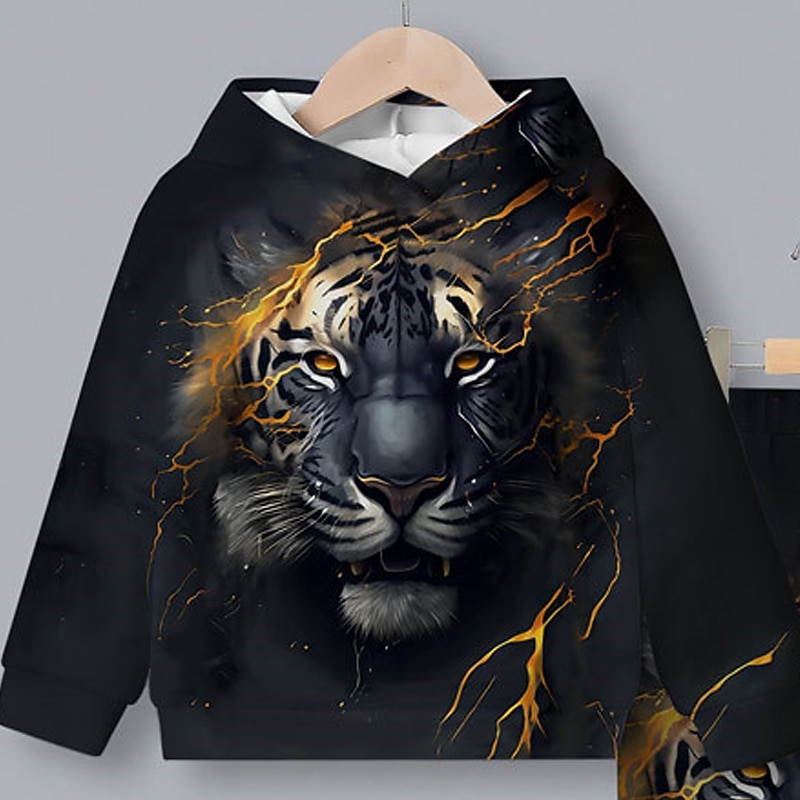 Boys 3D Tiger Hoodie & Sweatpants Set Long Sleeve 3D Printing Spring Fall Active Fashion Cool Kids 3-12 Years Hooded Outdoor Vacation Street Regular Fit4