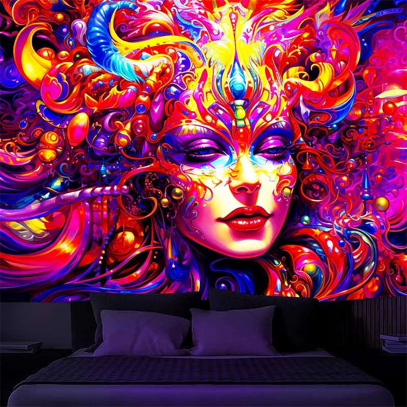 Blacklight Tapestry UV Reactive Glow in the Dark Trippy Woman Misty Glow Party Carnival Hanging Tapestry Wall Art Mural for Living Room Bedroom