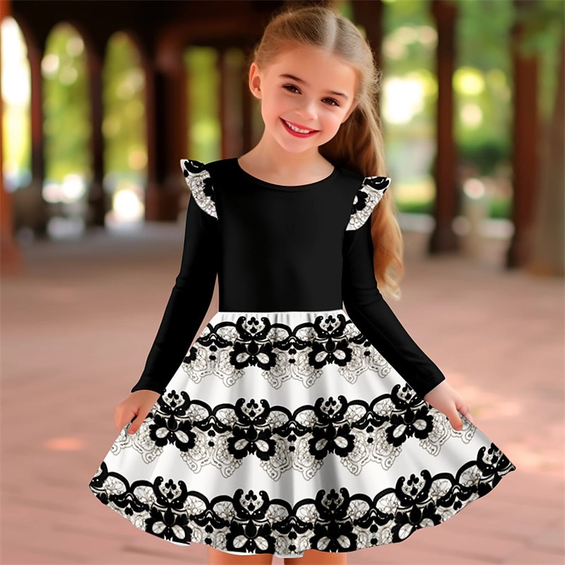 Carnival Girls' 3D Floral Ruffle Dress Pink Long Sleeve 3D Print Spring Fall Vacation Sports & Outdoor Daily Cute Casual Beautiful Kids 3-12 Years Casual Dress A Line Dress Above Knee Regular Fit