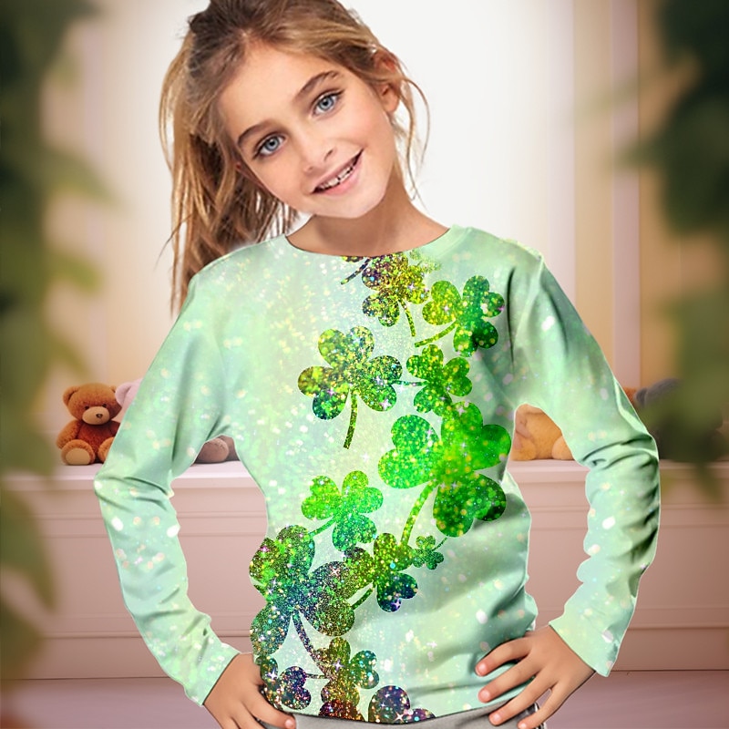 St. Patrick Girls' 3D Four Leaf Clover Tee Shirt Long Sleeve 3D Print Spring Fall Active Fashion Cute Polyester Kids 3-12 Years Crew Neck Outdoor Casual Daily Regular Fit2