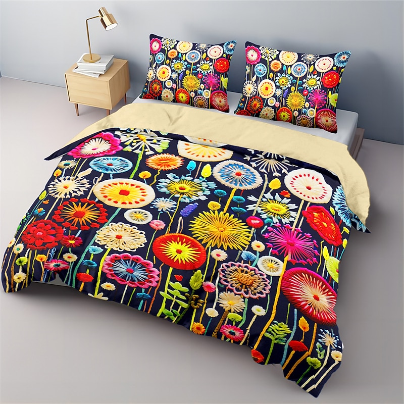 Floral Quilt Art Pattern Duvet Cover Set Comforter Set Soft 3-Piece Luxury Cotton Bedding Set Home Decor Gift King Queen Full Size2