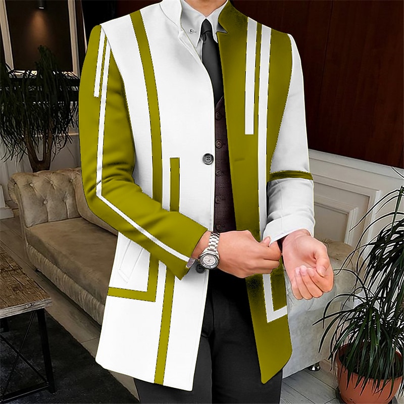 Men's Stripe Geometry Winter Coat Overcoat Coat Warm Comfortable Breathable Business Work Wear to work Going out Pocket Print Fall & Winter Stand Collar Long Sleeve White Yellow Red2
