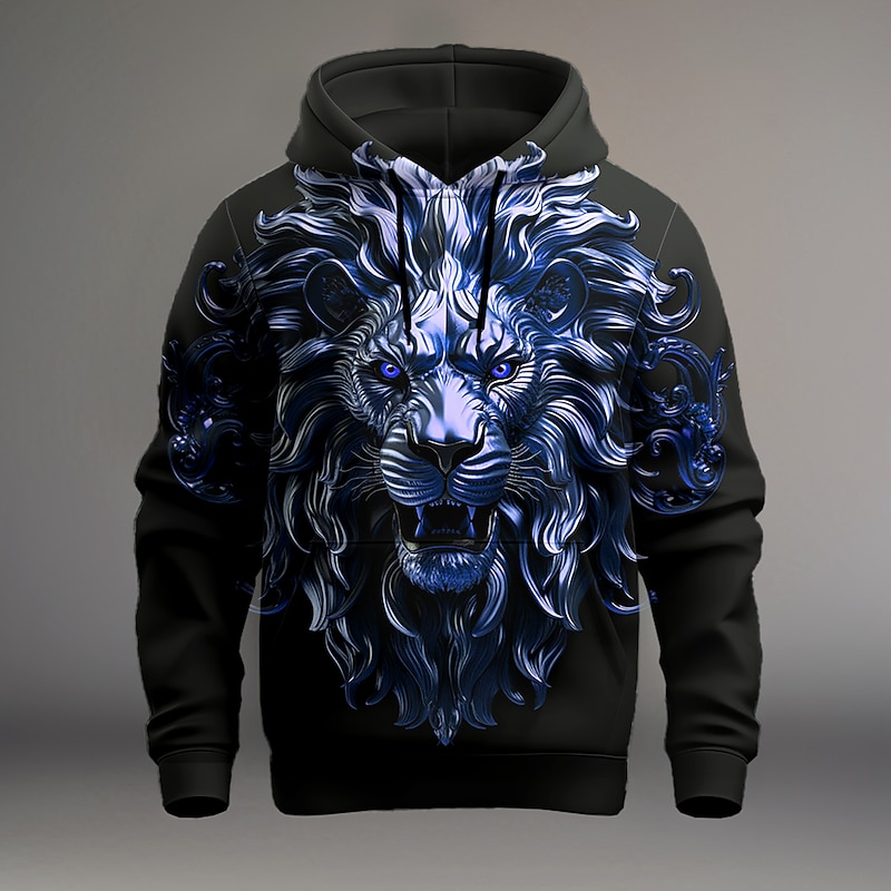 Men's Graphic Lion Textured Hoodie Hoodies Sweatshirt Fashion Daily Long Sleeve Hooded Vacation Going out Streetwear Black Red Print Front Pocket Spring &  Fall Designer4