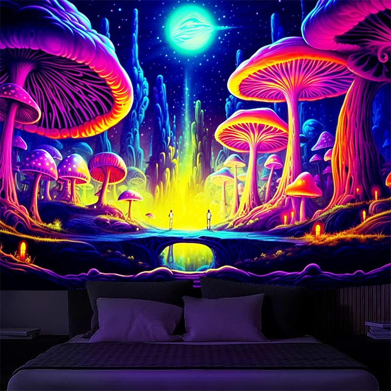 Blacklight Tapestry UV Reactive Glow in the Dark Glow Party Neon Mushroom Nature Landscape Psychedelic Trippy Misty Hanging Tapestry Wall Art Mural for Living Room Bedroom4