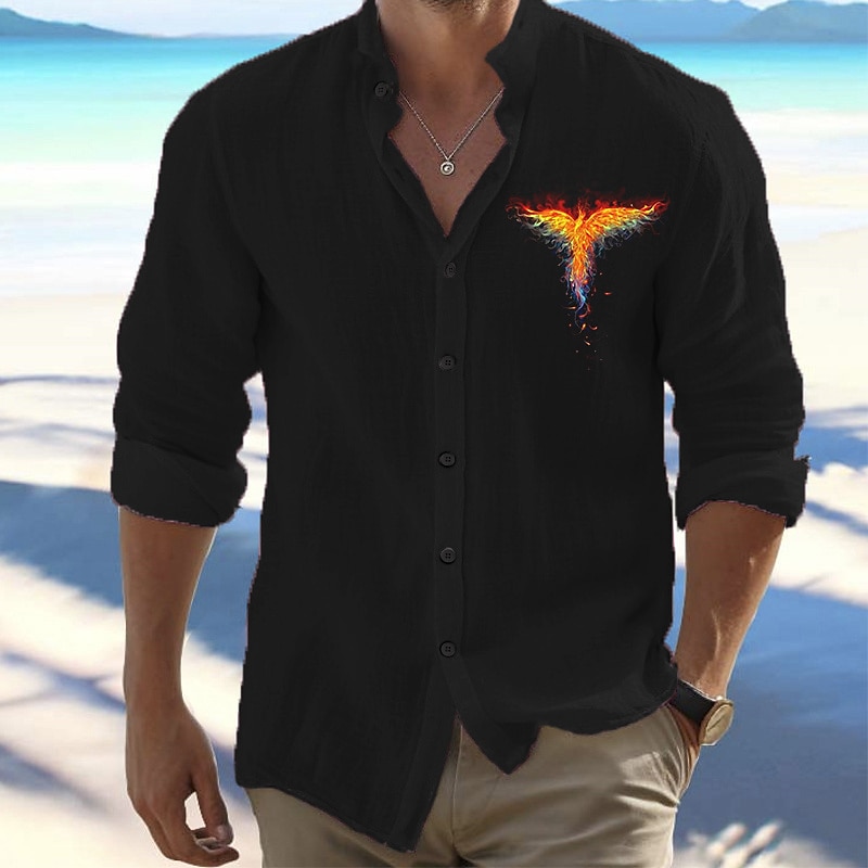 Men's Shirt Beach Shirt Button Up Shirt Animal Outdoor Vacation Black White Long Sleeve Standing Collar Spring &  Fall Clothing Apparel Print2