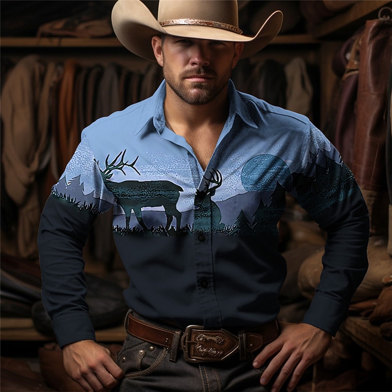 Men's Cow Shirt Western Shirt Cowboy Shirt Long Sleeve Vintage Western Style Outdoor Street Casual Daily Fall & Winter Turndown Buttons Print Blue khaki2