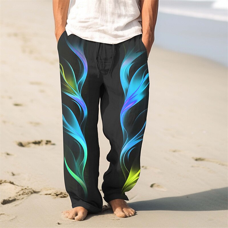 Men's Flame Linen Pants Pants Trousers Baggy Pants Mid Waist Vintage Outdoor Daily Wear Streetwear Fall & Winter Yellow Red Blue3