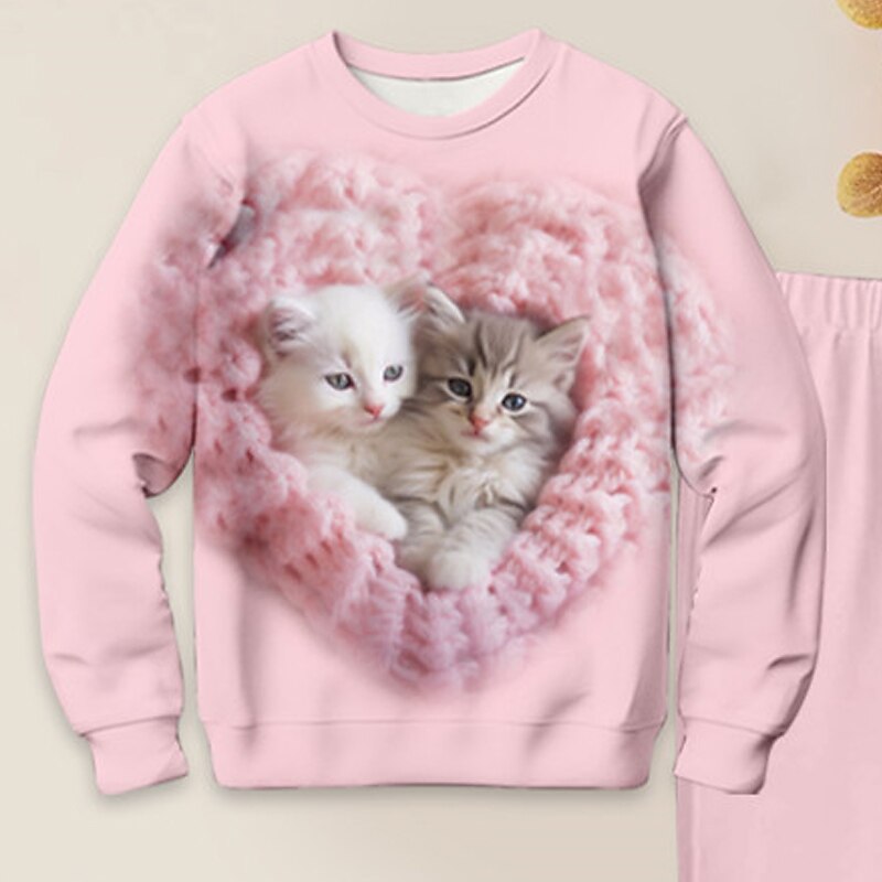 Girls' 3D Cat Sweatshirt & Sweatpants Set Pink Long Sleeve 3D Printing Spring Fall Active Fashion Cute Kids 3-12 Years Crew Neck Outdoor Vacation Street Regular Fit4
