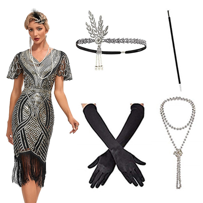 Set with Flapper Dress Headband Faux Pearl Necklace Long Opera Gloves Cigarette Holder 5 PCS Outfits Women's Roaring 20s 1920s Cocktail Dress The Great Gatsby Flapper Girl Masquerade Cosplay Costumes