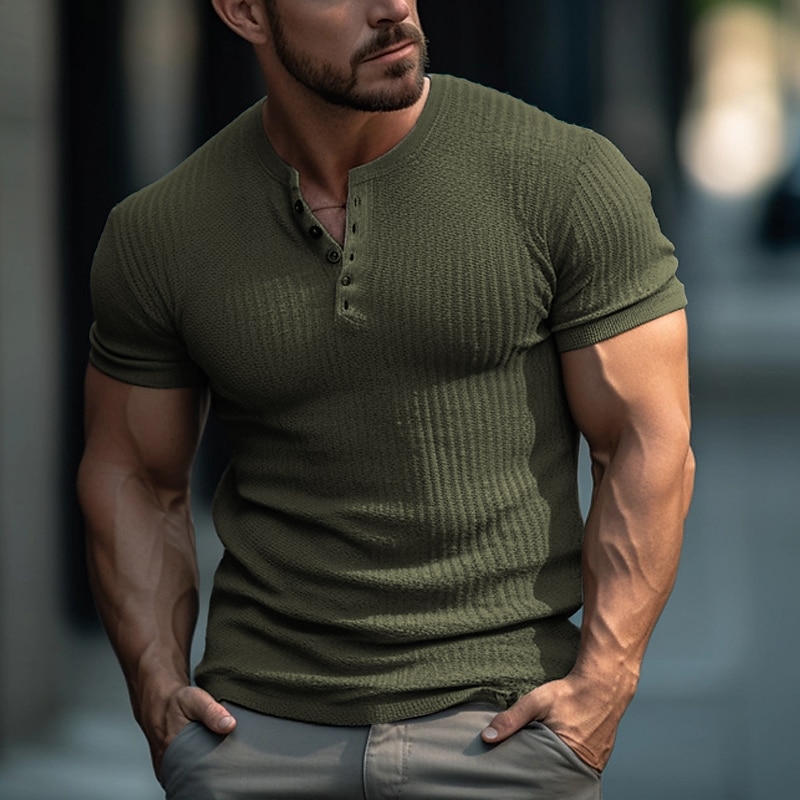 Men's Henley Shirt Men Ribbed Knit Collar Tee Muscle Shirt Ribbed Knit tee Tee Top Short Sleeves Plain Pit Strip Fashion Designer Basic Henley Vacation Street Going out Summer Black White Navy Blue3