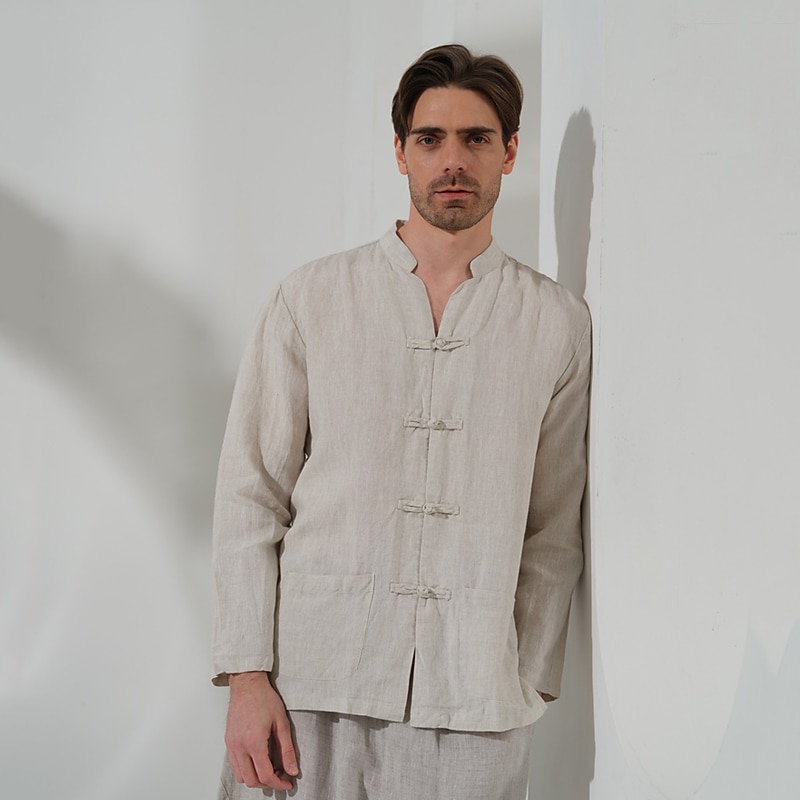 100% Linen Pocket Men's Shirt Linen Shirt Black White Dark Blue Long Sleeve Plain Standing Collar Spring &  Fall Outdoor Daily Clothing Apparel3