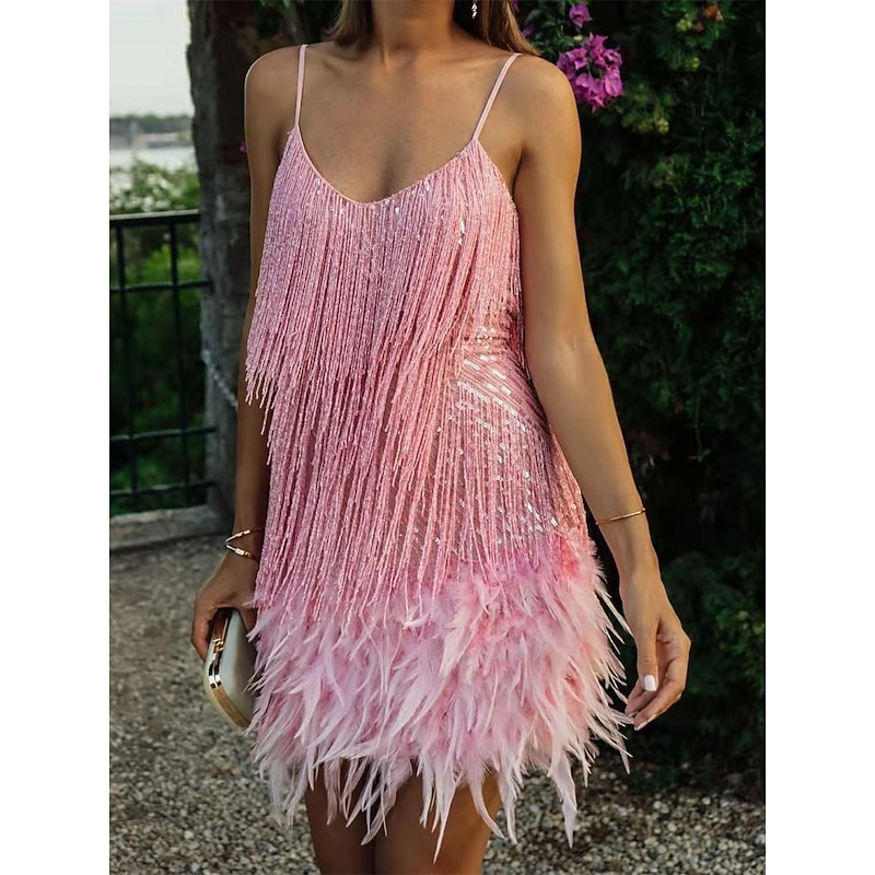Women's Sequin Dress Fringe Dress Party Dress Sequins Tassel Fringe Spaghetti Strap Sleeveless Mini Dress Wedding Guest Gift White Pink Summer Spring