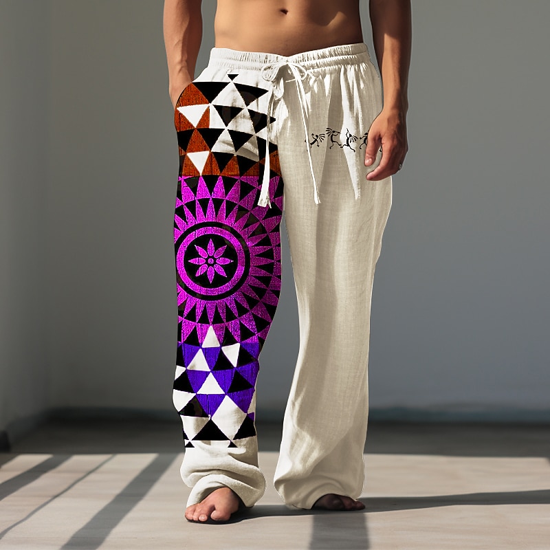Men's Geometric Linen Pants Pants Trousers Baggy Pants Mid Waist Vintage Carnival Daily Wear Fall & Winter White Khaki3