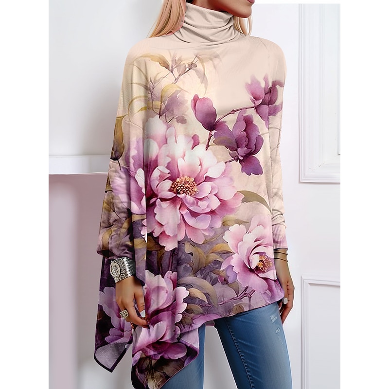 Women's T Shirt Fashion Floral Print Asymmetric Hem Long Sleeve Regular Tops High Neck Casual Holiday Pink Blue Green Khaki Spring &  Fall