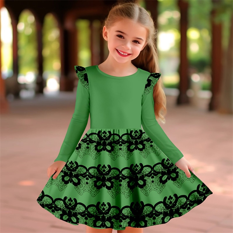 Carnival Girls' 3D Floral Ruffle Dress Pink Long Sleeve 3D Print Spring Fall Vacation Sports & Outdoor Daily Cute Casual Beautiful Kids 3-12 Years Casual Dress A Line Dress Above Knee Regular Fit2