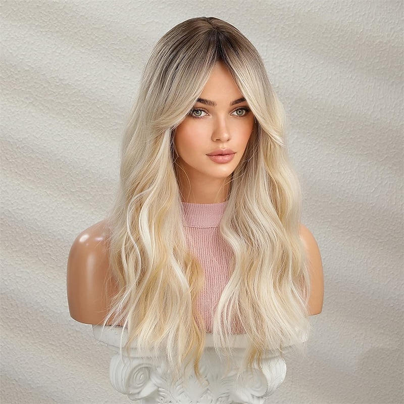 Long Blonde Wig with Bangs Long Curly Wavy Blonde Wig for Women Mixed Blonde Long Synthetic Wig3