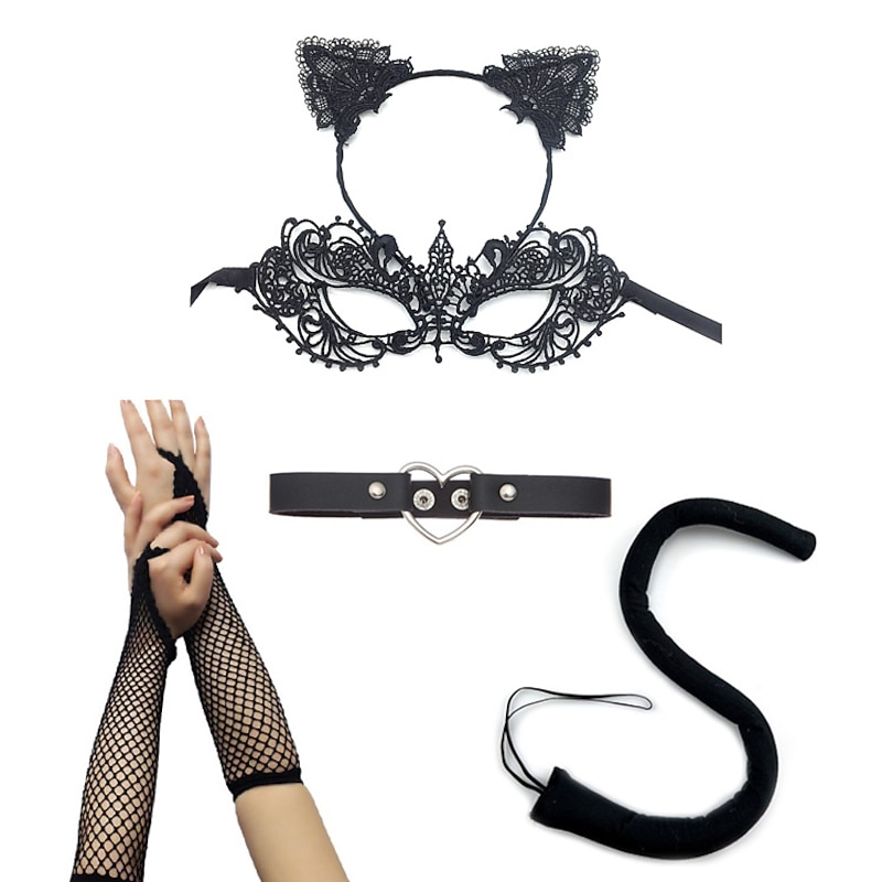 Carnival  Sexy Princess Cat Dress Black Lace Mask Cat's Ears (Steamed Cat-ear Shaped Bread) Hair Hoop Dance Mask Set
