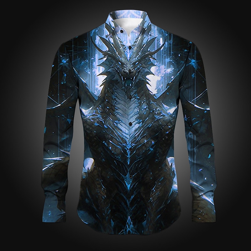 Men's Dragon Shirt Button Up Shirt Long Sleeve Artistic Abstract Daily Wear Going out Spring Turndown Print Button-Down Red Blue Dark Green Purple Gold3