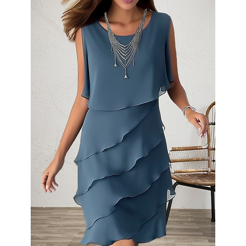Women's Wedding Guest Cocktail Dress Elegant Chiffon Party Dress Midi Dress Blue Sleeveless Pure Color Ruffle Summer Spring Fall Crew Neck Fashion Summer Dress