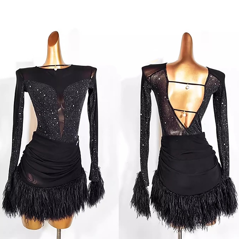 Dance Salsa Latin Dance Dress Tassel Pure Color Splicing Women's Performance Training Long Sleeve Mesh Stretch Yarn4
