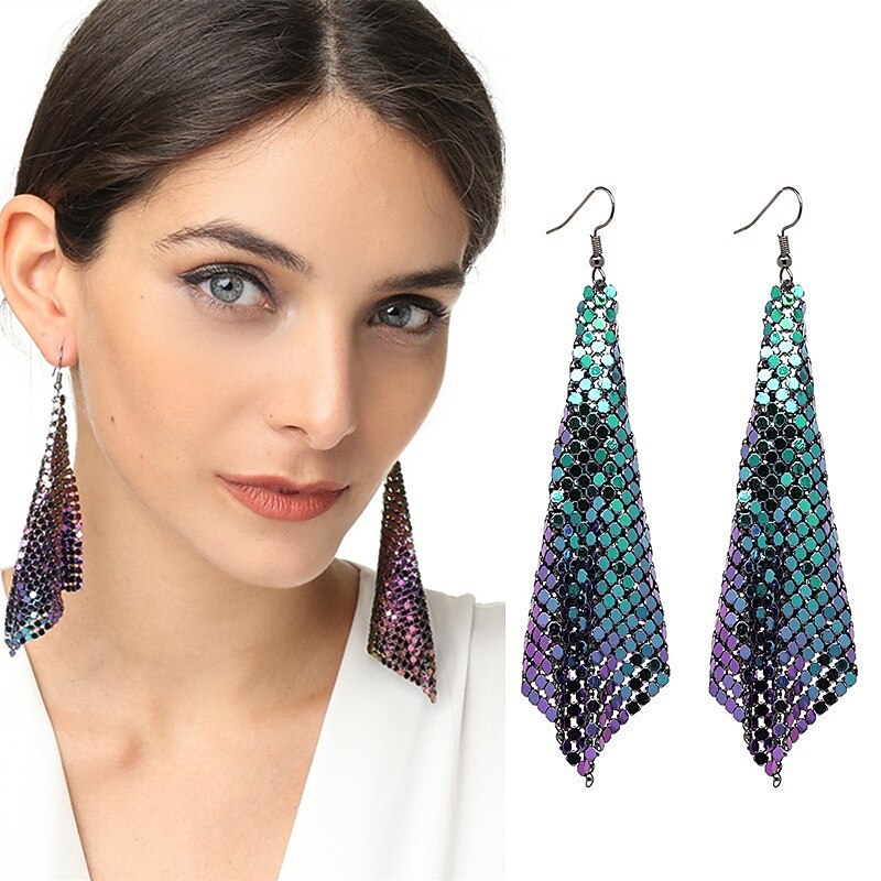 Fashionable Earrings Metal Sequins Tassel Earrings Creative New Square Long Necklace Set3