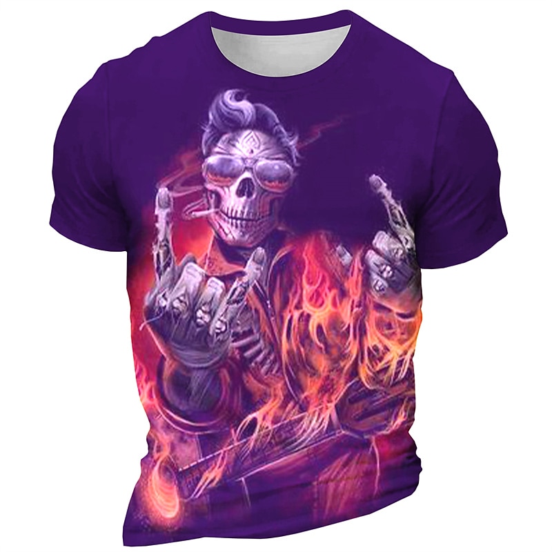 Men's Graphic Skeleton Fire T Shirt Short Sleeve T shirt 3D Print Crew Neck Shirt Daily Retro Vintage Casual Sports Outdoor Holiday Going out Black Red Purple Spring & Summer Clothing Apparel S M L2