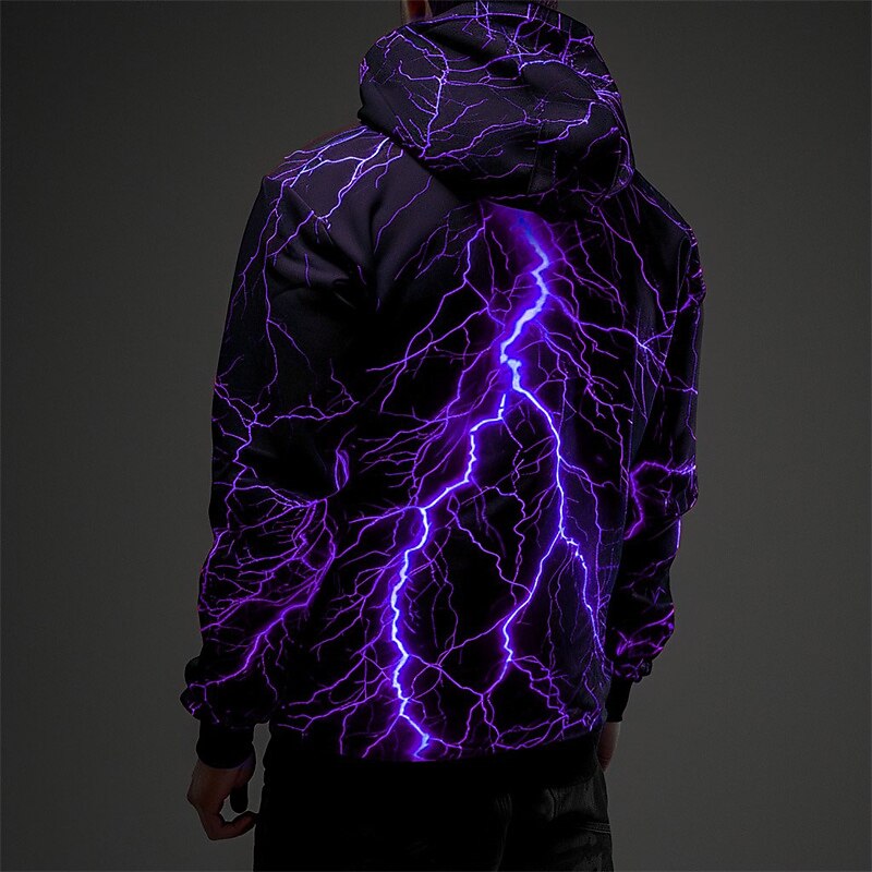 Men's Graphic Lightening Hoodie Hoodies Sweatshirt Fashion Daily Long Sleeve Hooded Vacation Sports Outdoor Holiday Red Blue Print Front Pocket Spring &  Fall Designer