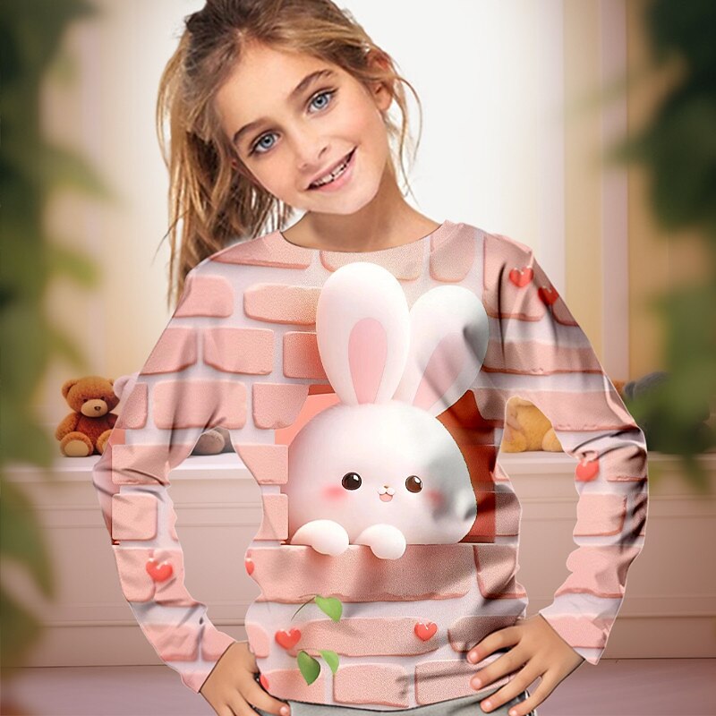 St. Patrick Girls' 3D Rabbit Four Leaf Clover Tee Shirt Pink Long Sleeve 3D Print Spring Fall Active Fashion Cute Polyester Kids 3-12 Years Crew Neck Outdoor Casual Daily Regular Fit3