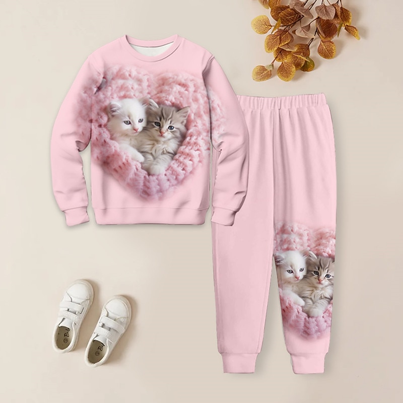 Girls' 3D Cat Sweatshirt & Sweatpants Set Pink Long Sleeve 3D Printing Spring Fall Active Fashion Cute Kids 3-12 Years Crew Neck Outdoor Vacation Street Regular Fit