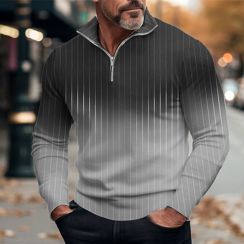 Men's Striped Color Gradient Zip Polo Golf Polos Shirts Long Sleeve Polo Shirts Zip Casual Outdoor Casual Daily Streetwear 3D Print Fall & Winter Blue Green Khaki3
