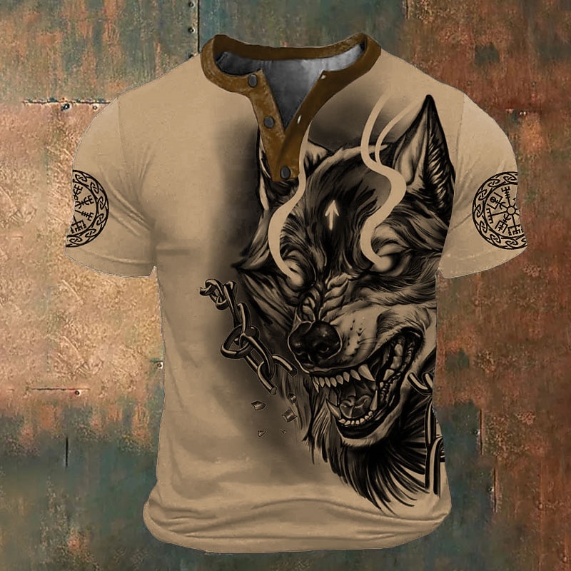 Men's Graphic Wolf T shirt Henley Shirt Short Sleeve 3D Print Fashion Retro Vintage Classic Sports Outdoor Holiday Going out Spring & Summer White Red Brown Dark Blue Henley Henley T-Shirt3