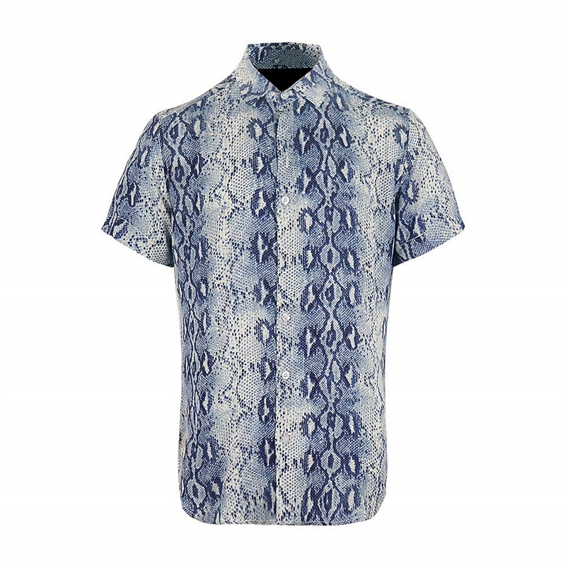 Men's Snake Skin Pattern Shirt Western Shirt Button Up Shirt Short Sleeve Abstract Daily Wear Going out Weekend Autumn / Fall Turndown Print Button-Down Navy Blue Blue Brown - Main Image