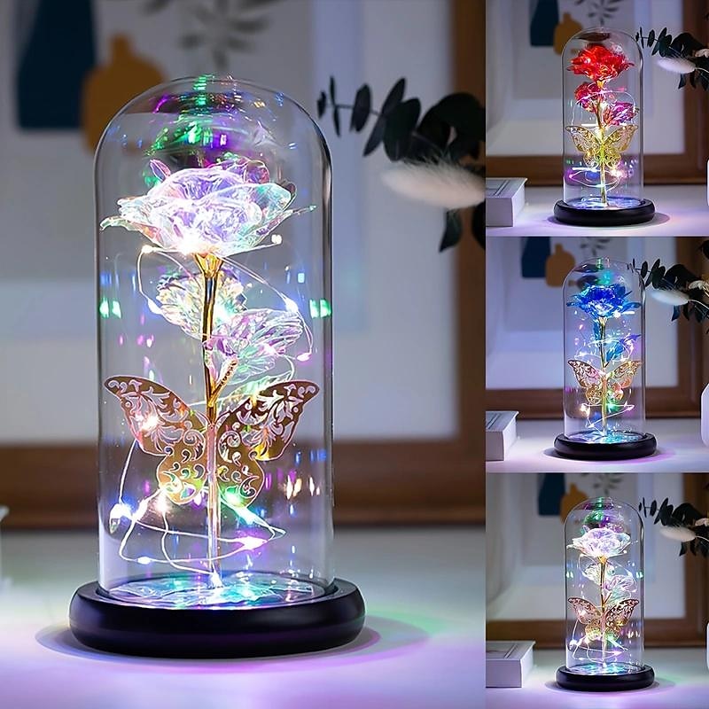 Romantic LED Rose Butterfly Lamp in Glass Dome - Perfect Home Decor and Gift for Weddings, Birthdays, Valentine's Day, and Mother's Day (Battery Not Included)