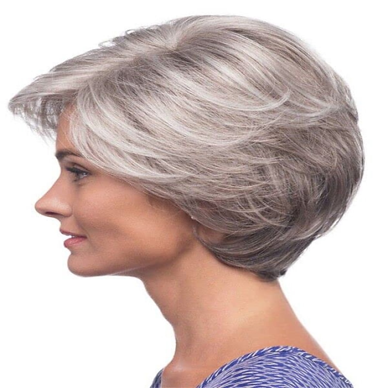 Short Gray Wigs for White Women Layered Mixed Grey Pixie Cut Wigs Short Wavy Silver Wigs Natural Synthetic Hair Wigs for Older Women2