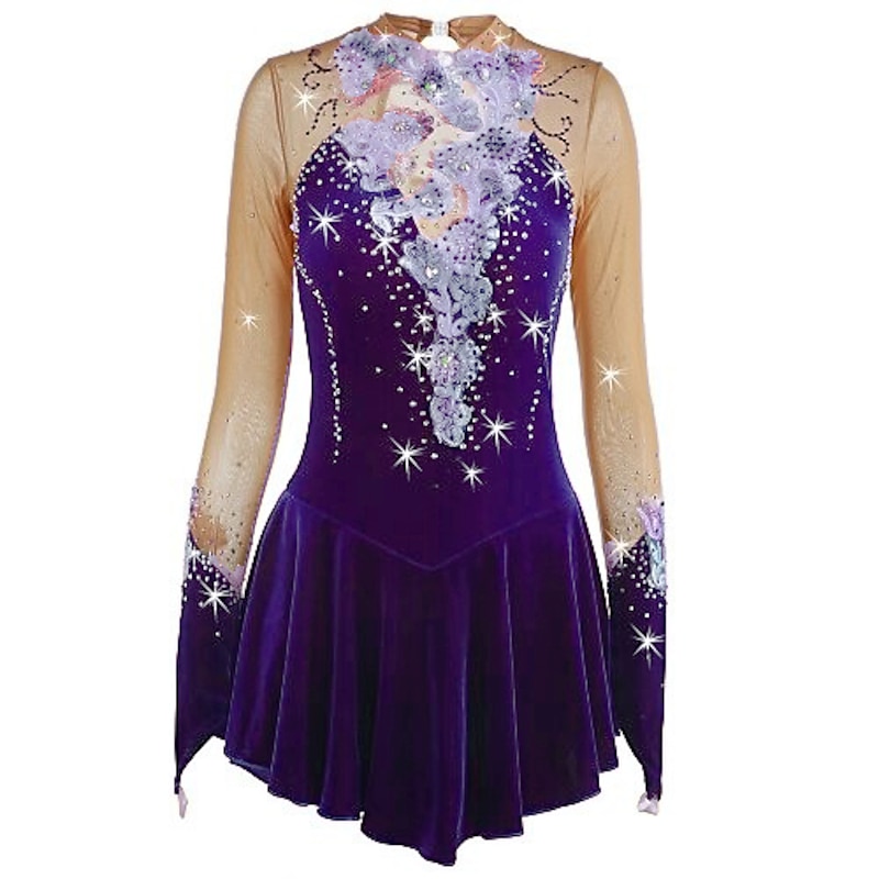 Figure Skating Dress Women's Girls' Ice Skating Dress Outfits Yan pink Amethyst Violet Flower Spandex High Elasticity Competition Skating Wear Warm Handmade Jeweled Rhinestone Long Sleeve Ice Skating 31