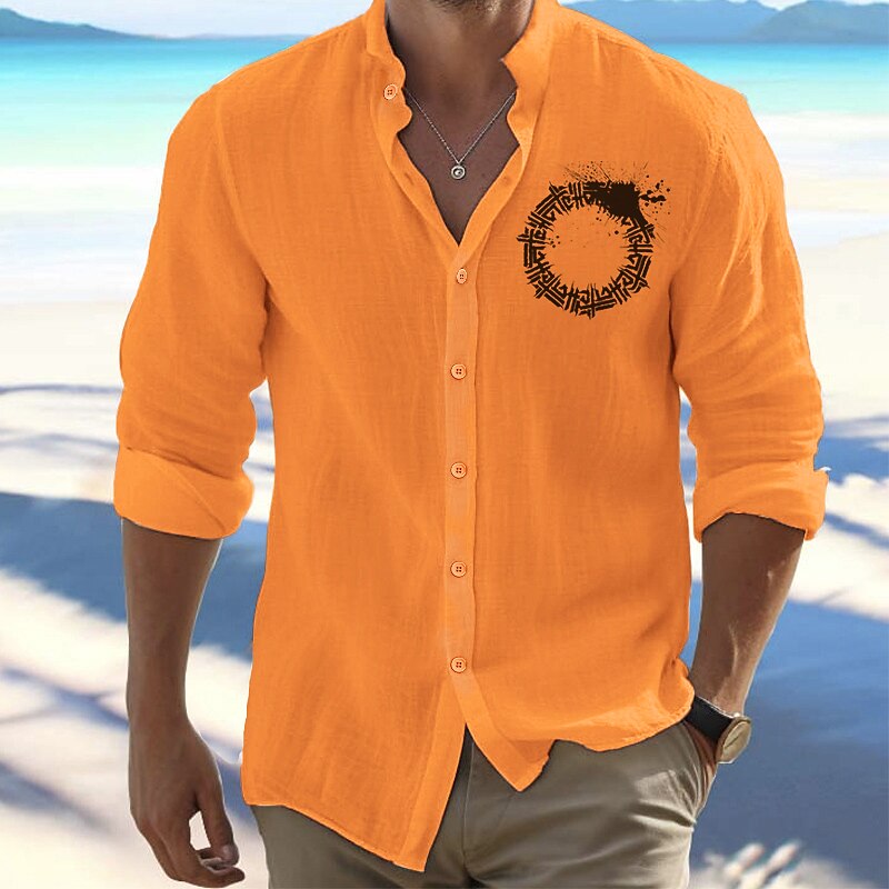 Men's Shirt Beach Shirt Button Up Shirt Viking Outdoor Vacation Black White Orange Light Grey Long Sleeve Standing Collar Spring &  Fall Clothing Apparel Print4