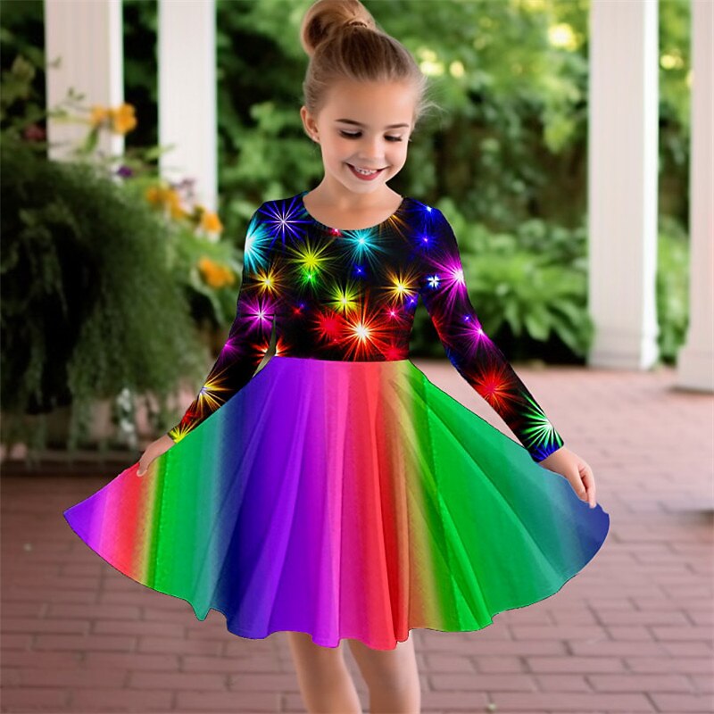 Carnival Girls' 3D Rainbow Stars Dress Long Sleeve 3D Print Spring Fall Sports & Outdoor Daily Holiday Cute Casual Beautiful Kids 3-12 Years Casual Dress A Line Dress Above Knee Polyester Regular Fit