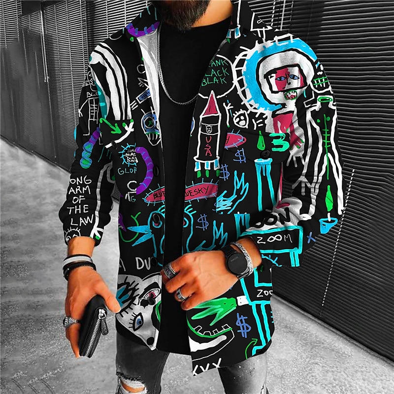 Men's Abstract Graffiti Rocket Shirt Shirt Jacket Overshirt Long Sleeve Sports Fashion Streetwear Outdoor Casual Daily Fall & Winter Turndown Print Button-Down Yellow Blue