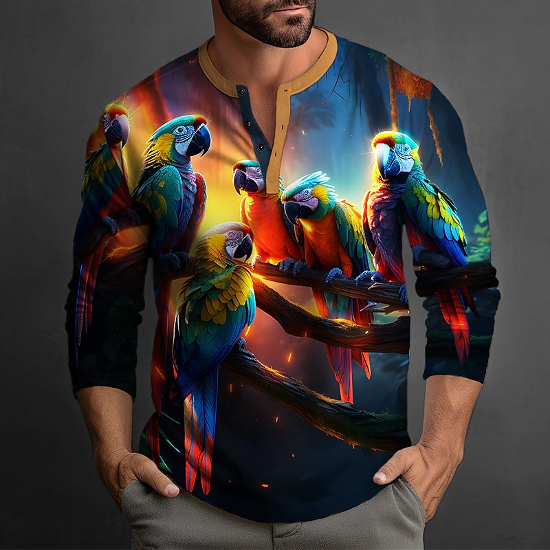 Men's Graphic Parrot Henley Shirt Long Sleeve 3D Print Fashion Daily Casual Casual Holiday Going out Spring &  Fall Red Blue Dark Green Green Dark Blue Henley Henley T-Shirt