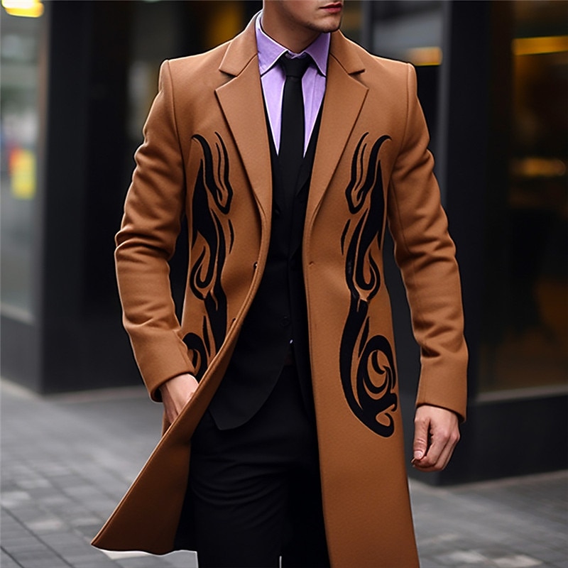 Men's Symbol Winter Coat Overcoat Coat Warm Comfortable Breathable Vintage Business Work Wear to work Going out Pocket Print Fall & Winter Turndown Long Sleeve Black Yellow Purple3