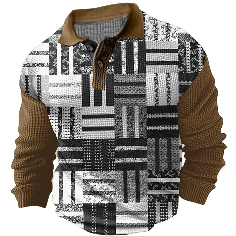 Men's Plaid Waffle Polo Shirts Golf Shirt Long Sleeve Polo Shirts Collared Shirts Vintage Casual Vacation Wear Formal Wear Festival Wear Buttons 3D Print Spring Black Navy Blue Brown3