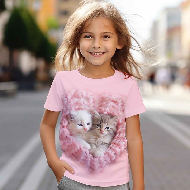 Girls' 3D Cat Tee Shirt Pink Short Sleeve 3D Print Summer Active Fashion Cute Polyester Kids 3-12 Years Crew Neck Outdoor Casual Daily Regular Fit