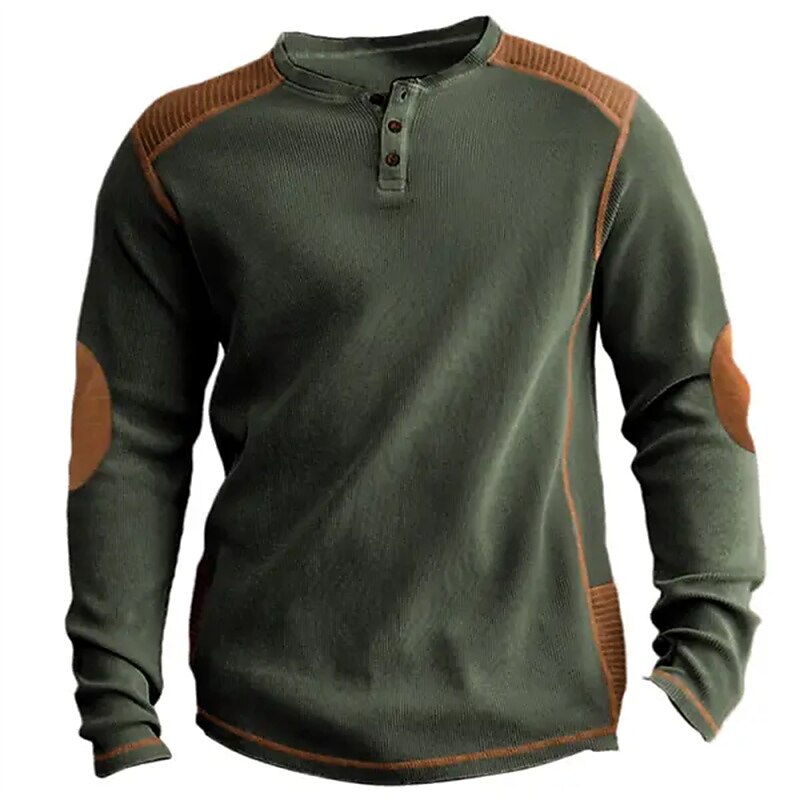 Men's Waffle Tee Button T Shirt T Shirt Henley Shirt Long Sleeve Henley Spring &  Fall Color Block Fashion Designer Basic Patchwork Vacation Street Going out Army Green Top Tee for Men