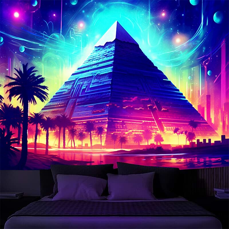 Blacklight Tapestry UV Reactive Glow in the Dark Glow Party Neon Egyptian Pyramid Psychedelic Trippy Misty Hanging Tapestry Wall Art Mural for Living Room Bedroom3