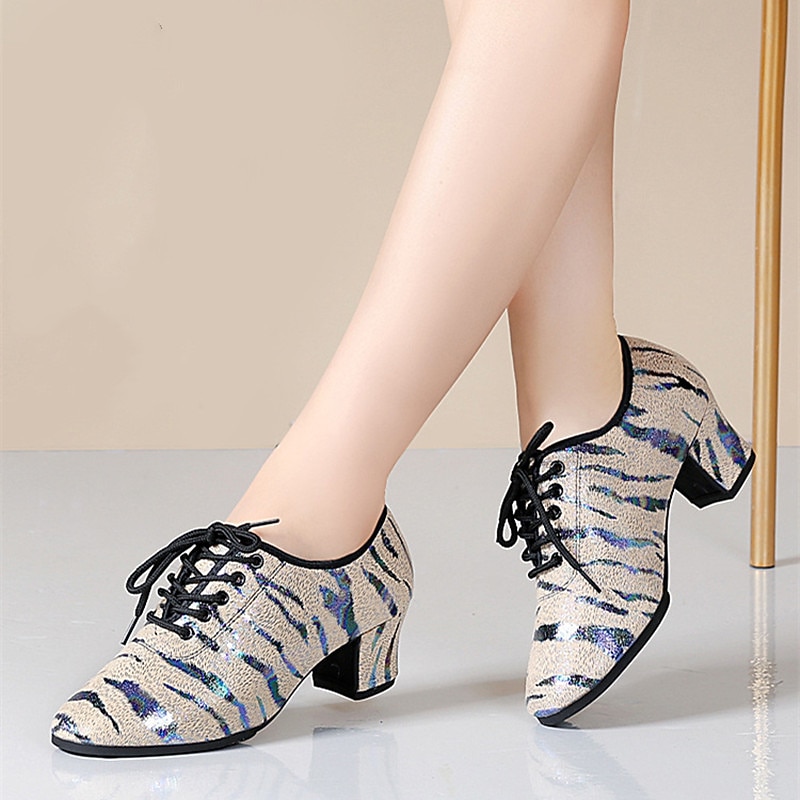 Women's Glitter Dance Shoes with Animal Print, Lace-Up Design, and Comfortable Low Heels for Ballroom, Latin, or Party
